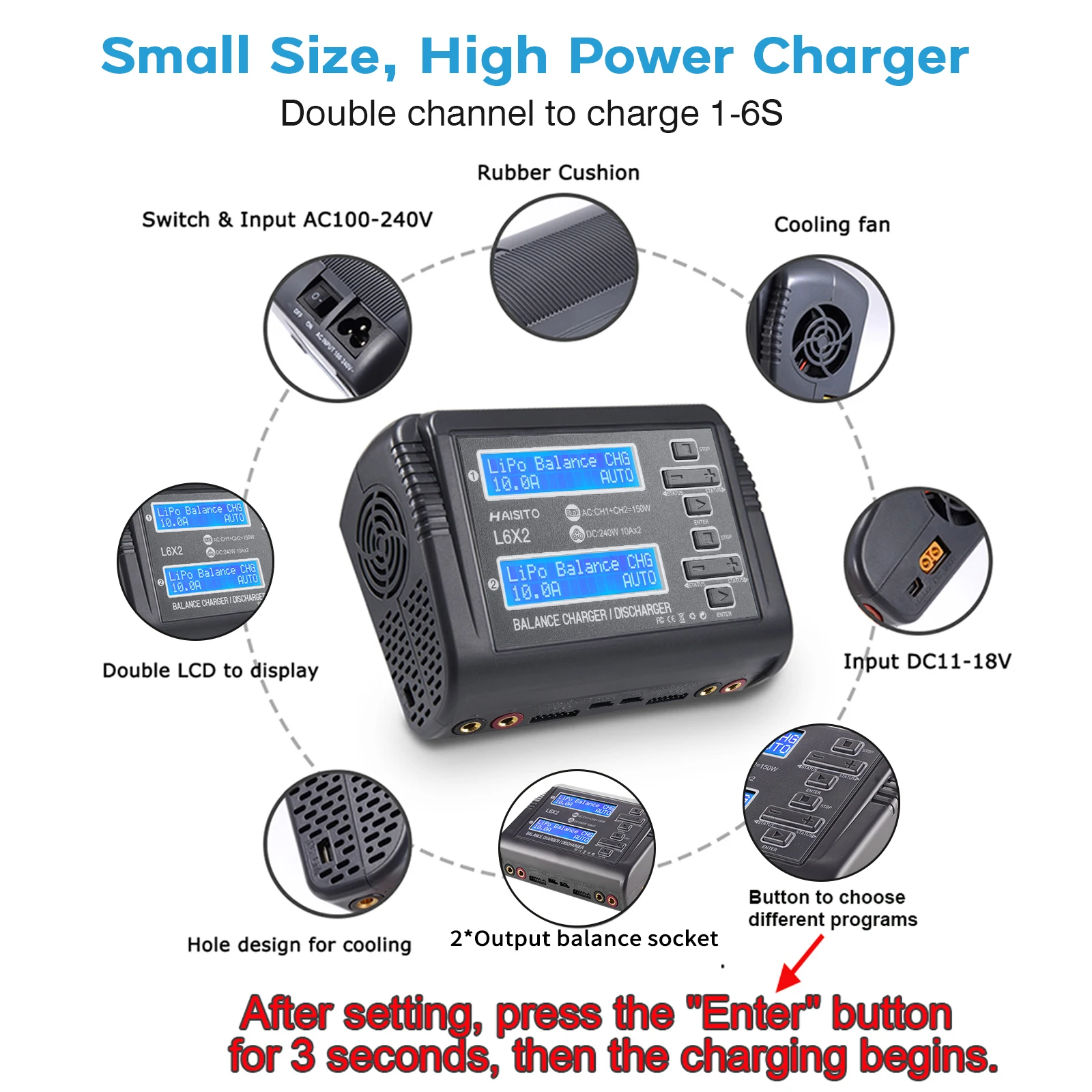 Chargeur RC 150W AC/DC posé sur une table avec batterie LiPo branchée, prêt à charger