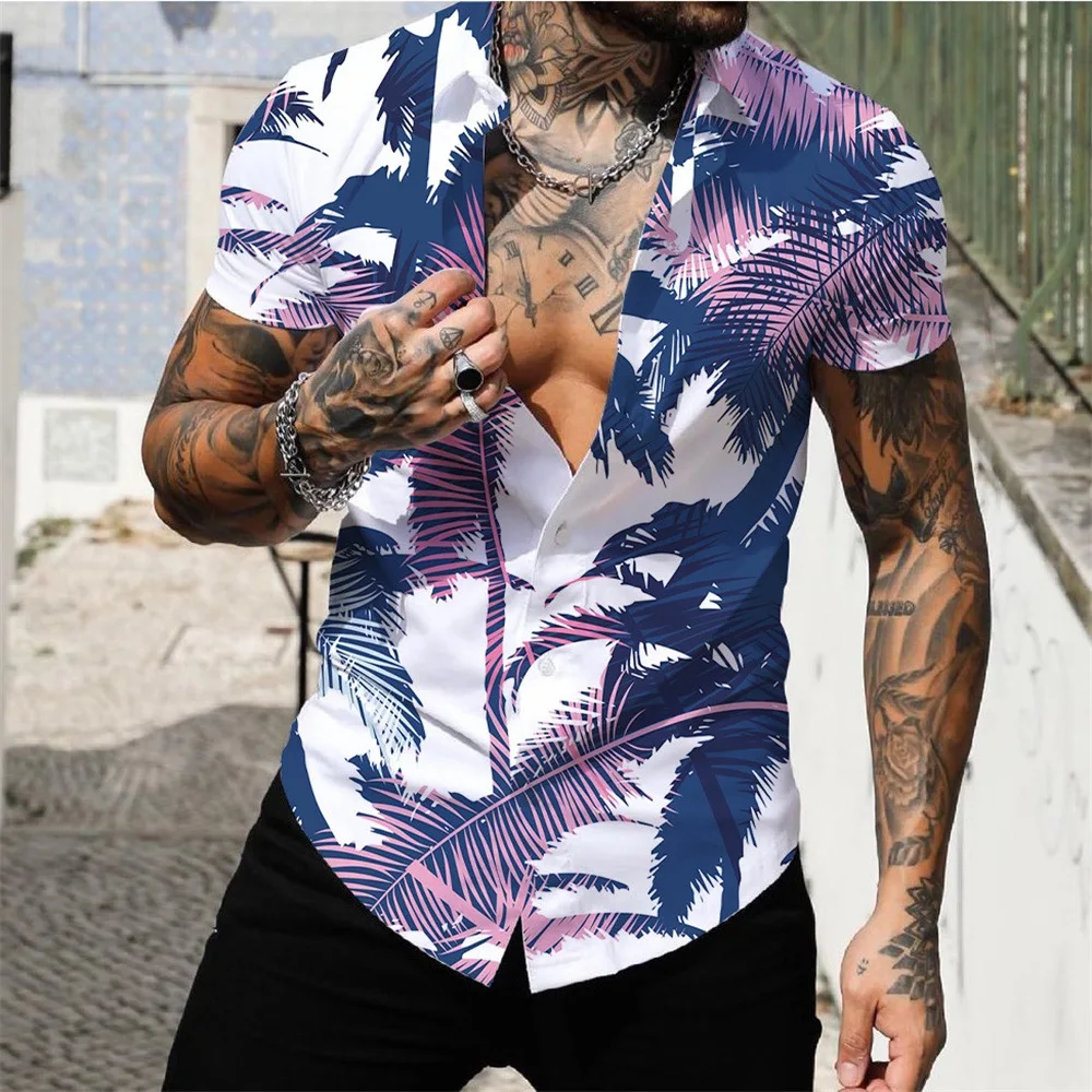

2024 casual Hawaiian beach style slim fit popular men's 3D digital printing short sleeve tide ruffian shirt shirt
