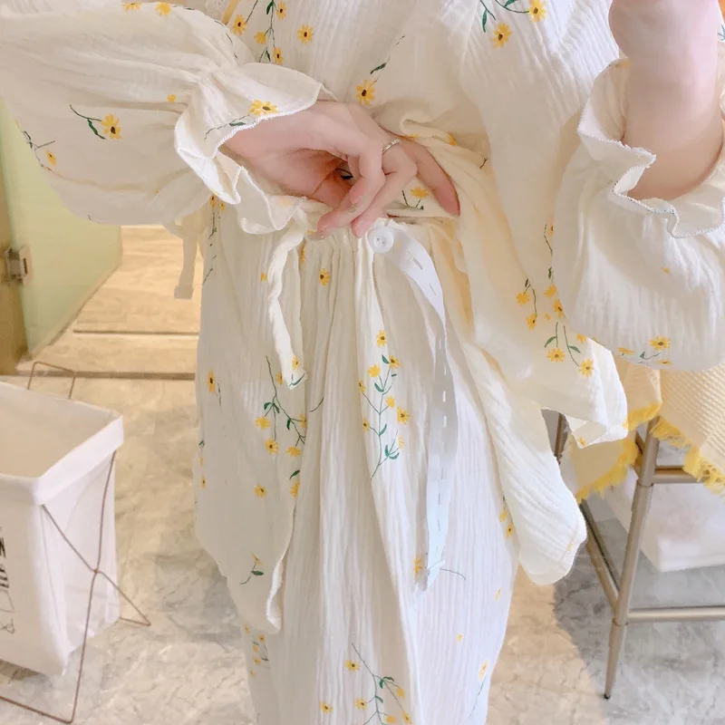 Cotton Nursing Pajamas Set Forwomen Confinement Clothes Long Sleep Prenatal Postpartum Double Gauze Absorb Sweat Sleep Tops