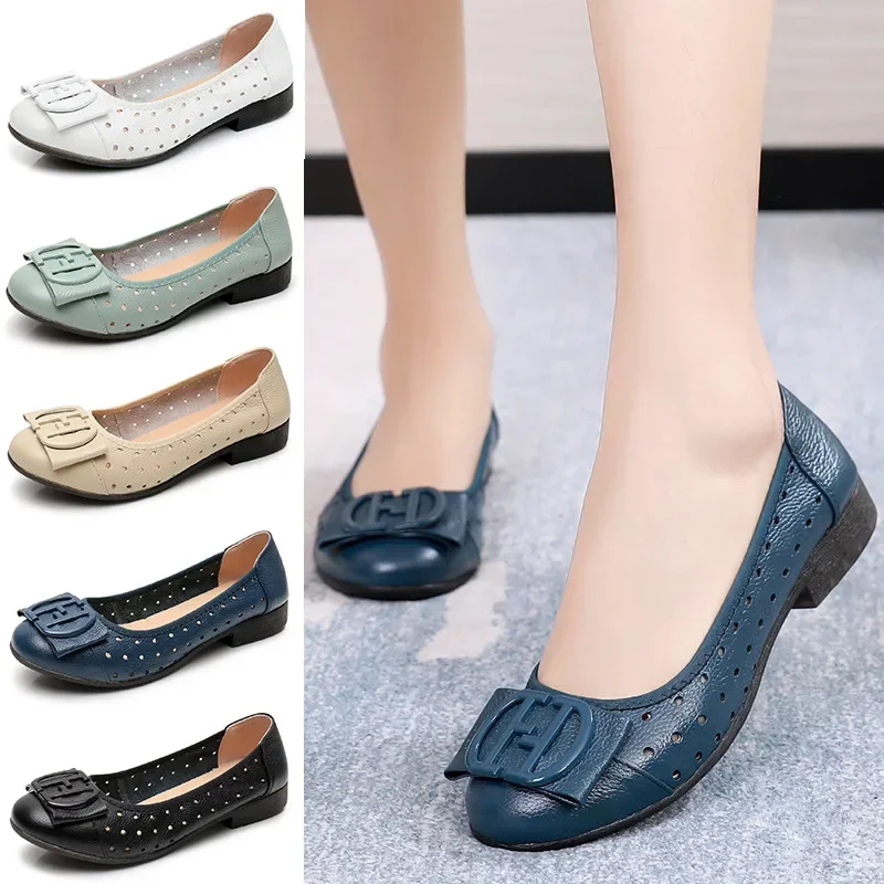 Hollow-out Woman Flats Genuine Leather Loafers Moccasin Mother Shoes Casual Women Luxury Brand Ballet Footwear Zapatos De Mujer