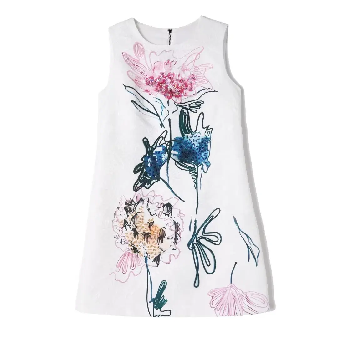 

European and American women's clothes 2024 spring new Round neck Sleeveless beaded graffiti printing Fashion dress XXL