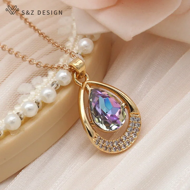 S&Z DESIGN New Fashion Water Drop Crystal Pendant Necklace For Women Champagne Gold Color Zirconia Collarbone Chain Jewelry