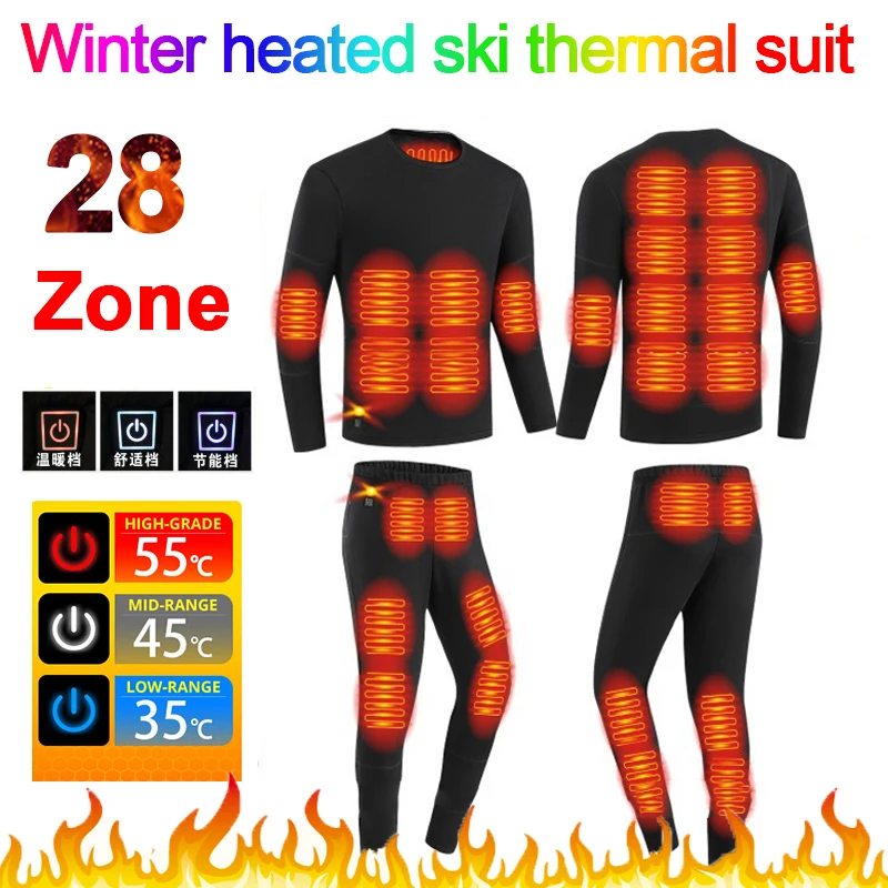 28 Areas Women's Electric Heated Jacket Vest Winter Heated Underwear Men's Ski Suit Heating Clothing Fleece Thermal Long Johns