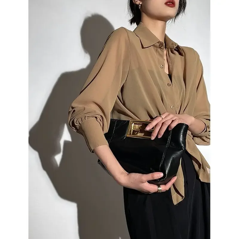 Deeptown 여성용 자외선 차단 투명 셔츠, 메쉬 긴팔 Y2k 탑, 솔리드 루즈 쉬폰 블라우스, 한국 패션 가디건
