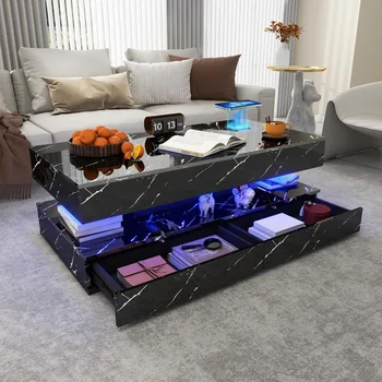 47inch High Glossy LED Coffee Table with Wireless Charging and Speaker, Modern Coffee Table With 2 Sliding Drawers, Double-Layer 1