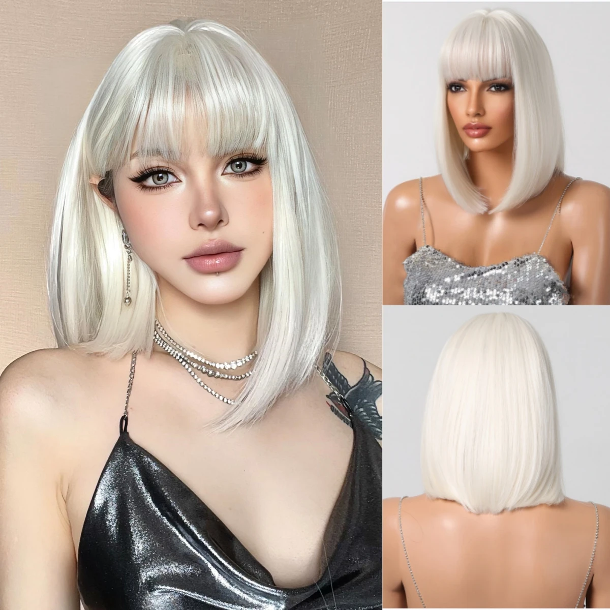 

Короткие прямые женские парики боб, белые мягкие парики для косплея с челкой, разноцветные шелковистые синтетические волосы из термостойкого волокна