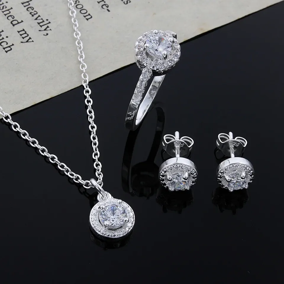 Fine 925 Sterling Silver Necklace Earring Ring Jewelry Set Solid Christmas Gift Noble Elegant for Lady Women Shiny Crystal CZ