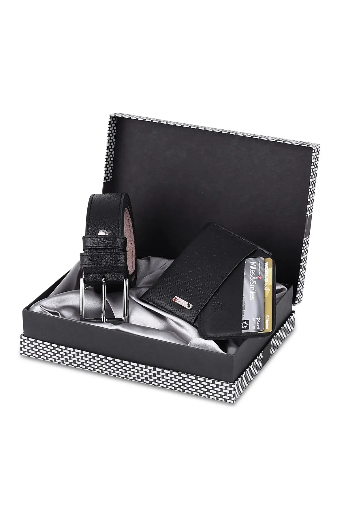 Men's Black Checker Patterned Boxed Wallet Belt Card Holder Set Gift Products Surprises for Men Multi-Compartment Wallet Card