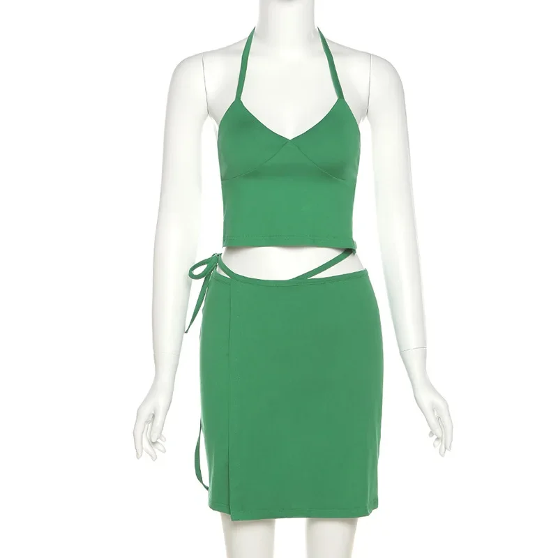 2023 Summer Sexy Fashion Solid Halter Top and Mini Skirt Casual Suit Women Sets Backless Retro Y2k Streetwear 2 Piece Outfits