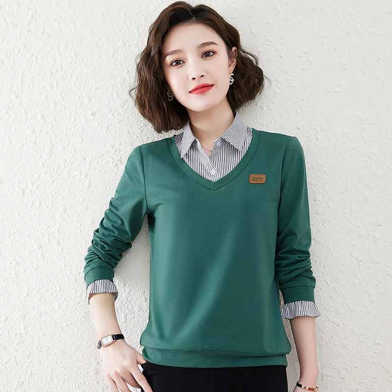 Women'S Spring And Autumn Loose Spliced Shirt Collar Fake Two Piece Hoodies Female New Fashion Slimming Casual Versatile Top