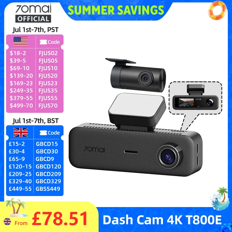 70mai T800E 3-Channel Front 4K + Rear 1080P + Interior 1080P HDR Supercapacitor 24H Parking GPS WiFi 6 70mai T800E Voice Control 1