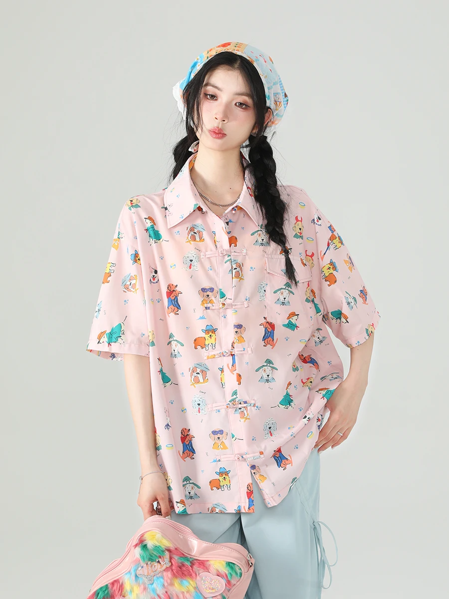 2024 Summer New Fashion Girly Animal Print Pink Shirts Japanese Sweet Y2k Loose Short Sleeve Casual Blouse Women Tops