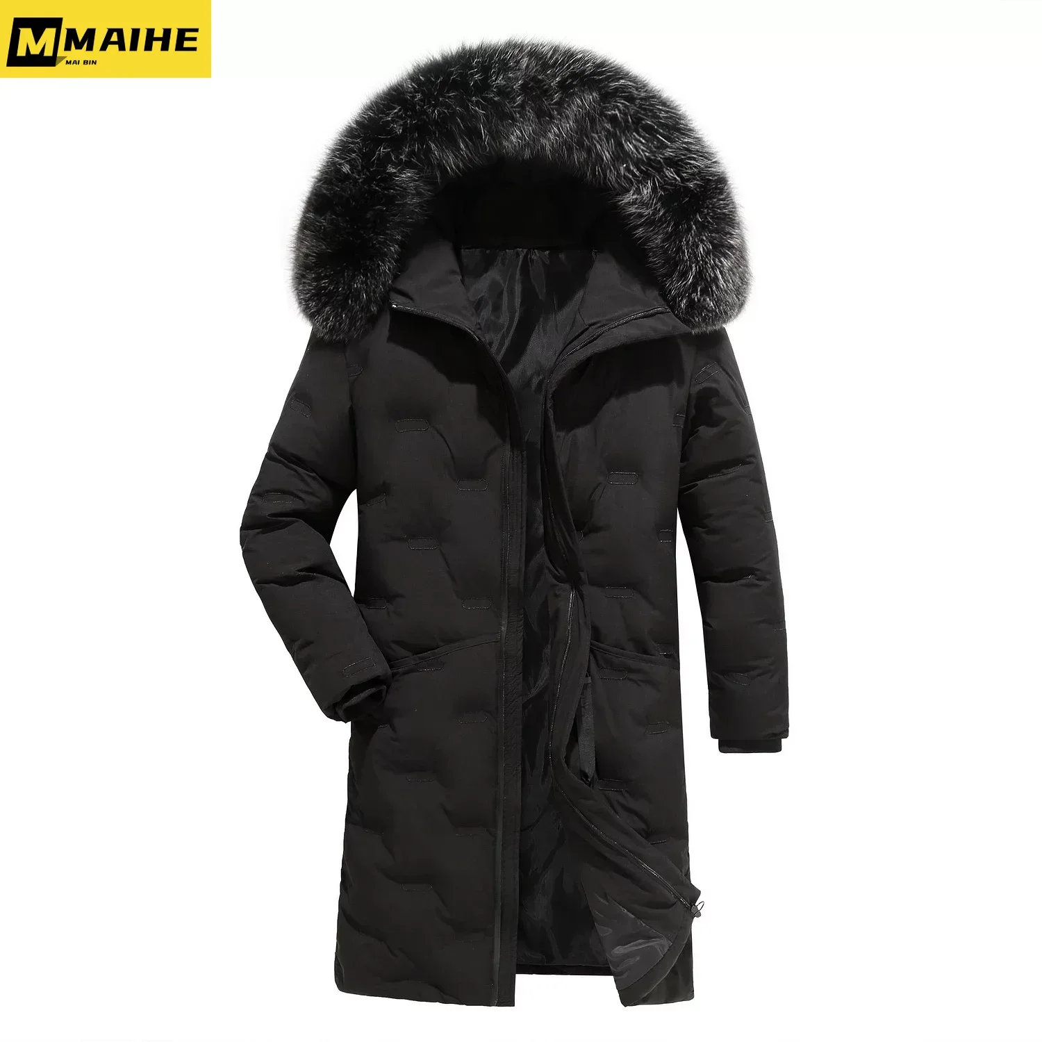 2023 Winter Long Cotton Cushion Jacket Men's Light Luxury Waterproof Windproof Fox Fur Collar Parka Korean Thick Down Coat Men's