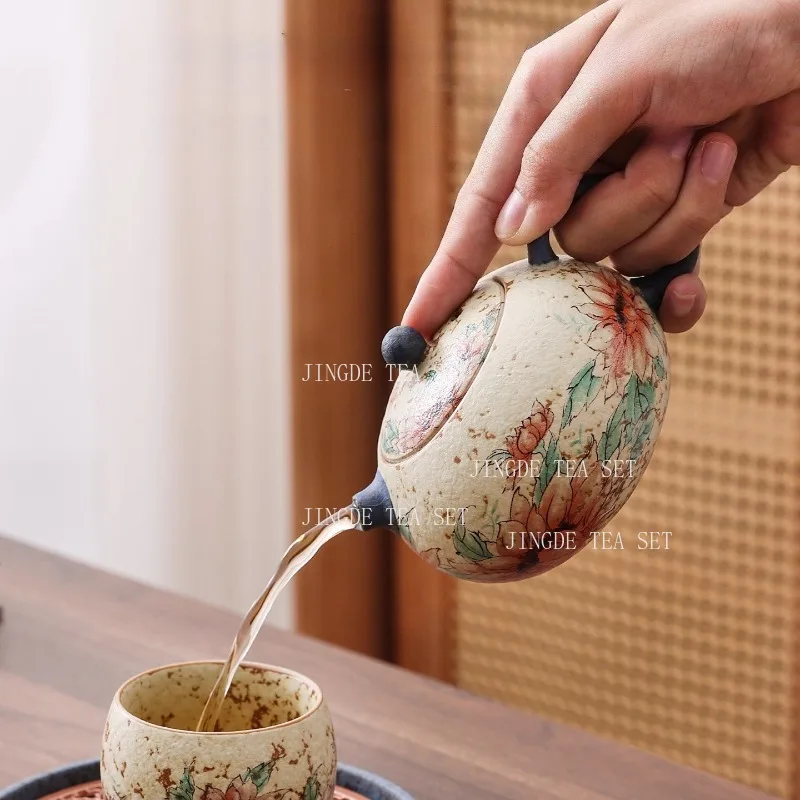 Caramel Glazed Ceramic Teapot Home Kung Fu Tea Set Chinese Style Tea Pot with Heat-resistant Grip Lidded Bowl Drinking Utensils