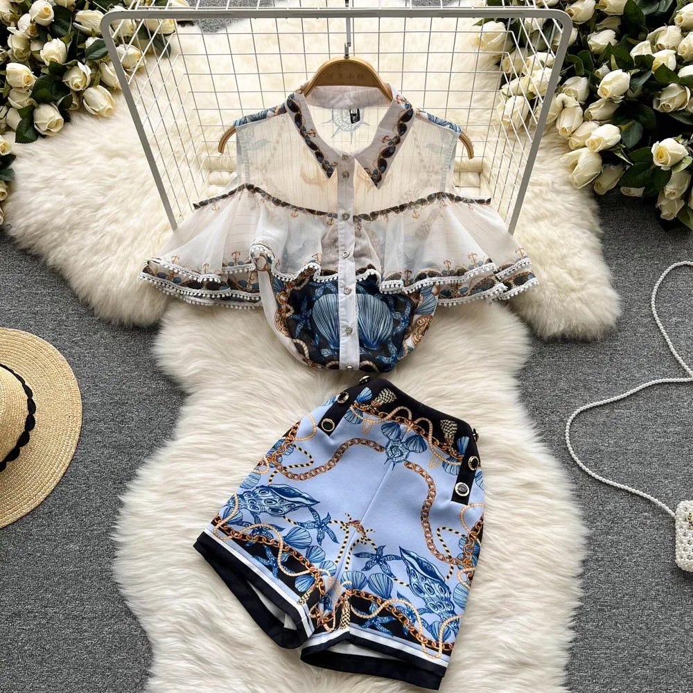 

2022 Summer Fashion Suits Sweet Girl Age Reduction Printed Off-shoulder Top High-waisted Wide-leg Shorts Two-piece Set