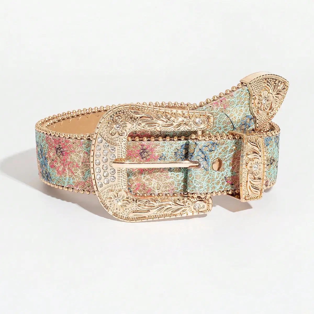 1PC Women's Light Luxury Elegant Carved Multi-Color Metal Buckle Flower Glitter Printed Embroidered Jeans Belt