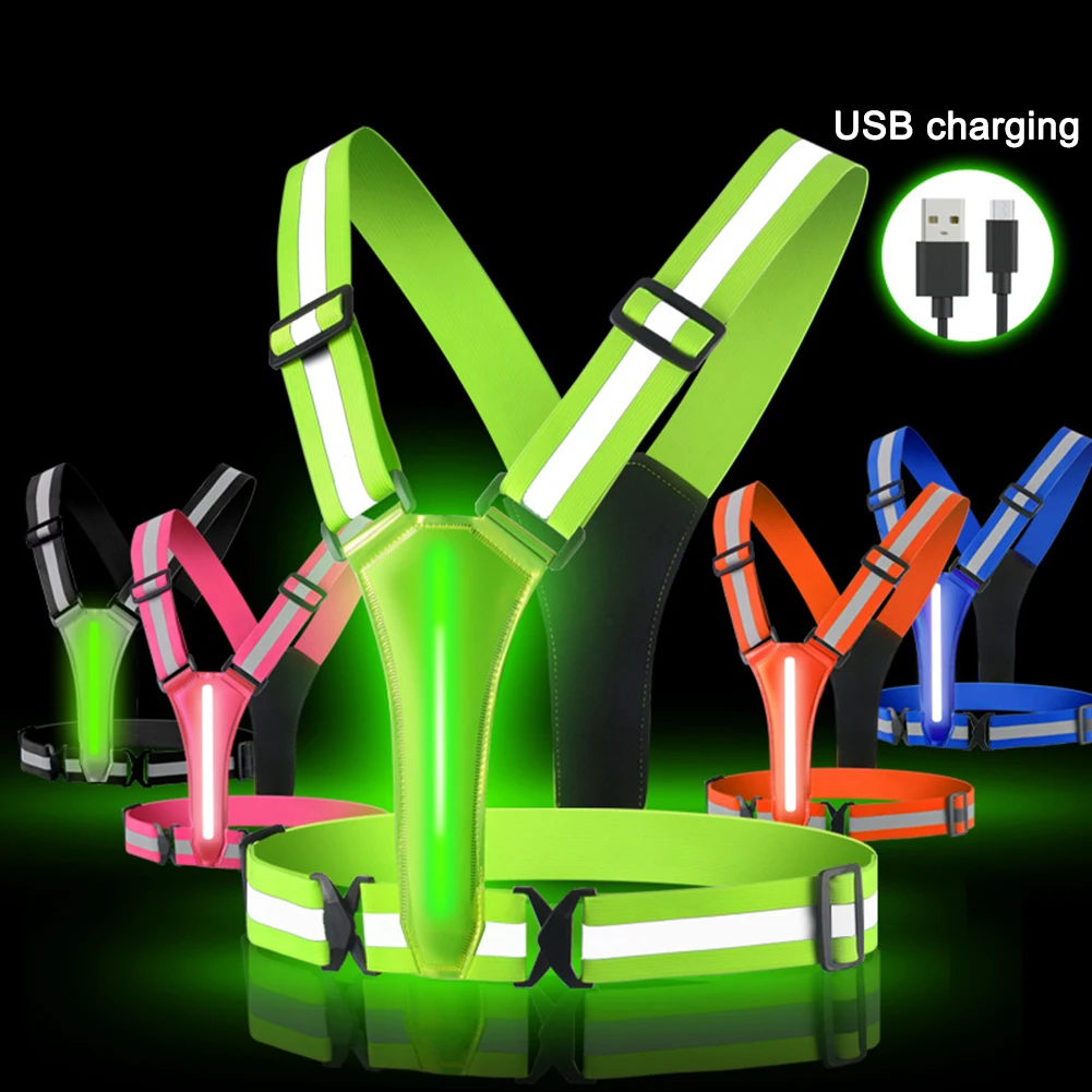 LED 러닝 조끼 고가시성 야간 러닝 라이딩 의류 탄력 밴드 USB 충전식 반사 글로우 스트랩