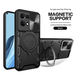 Magnetic Armor Phone Case with Ring Holder and Slide Camera Protector for Reno 7 4G Global (Black)
