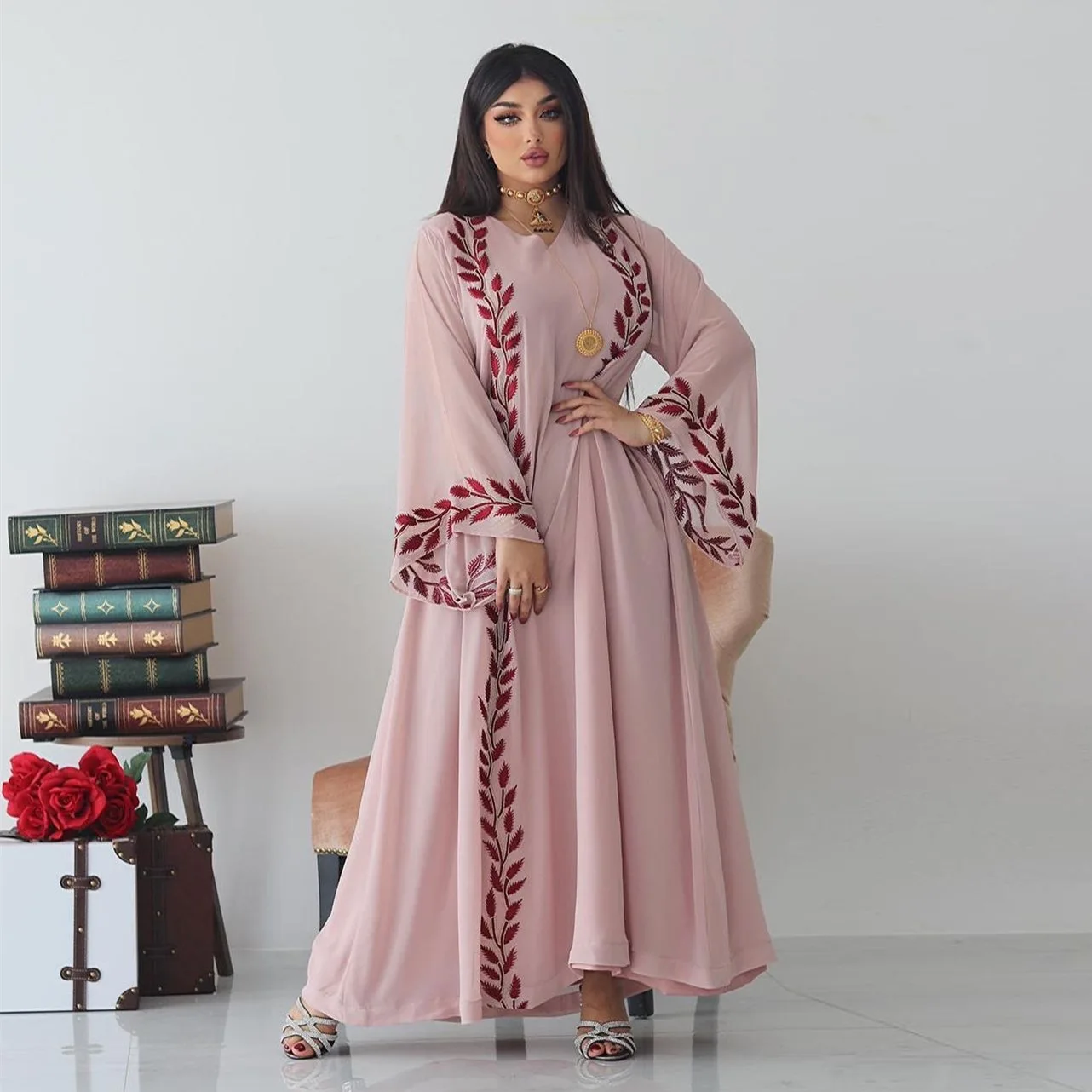 

Muslim Fashion Evening Dress Women Chiffon Hijab Abaya Middle East Dubai Embroidered Big Swing Long Dresses Eid Islam Clothing