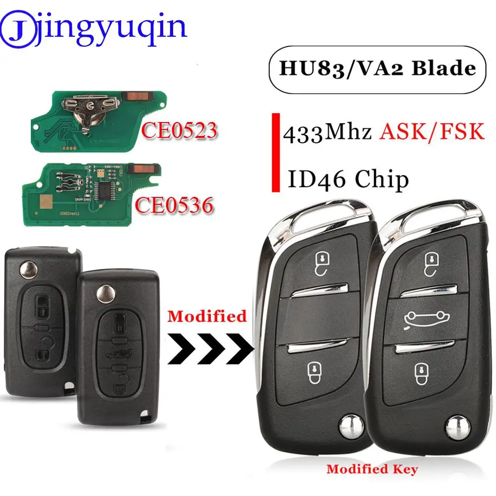 

jingyuqin Modified Flip Remote Car Key ASK/FSK 433Mhz ID46 For Peugeot 207 308 307 407 607 807 For Citroen C2 C3 C4 Ce0536/0523