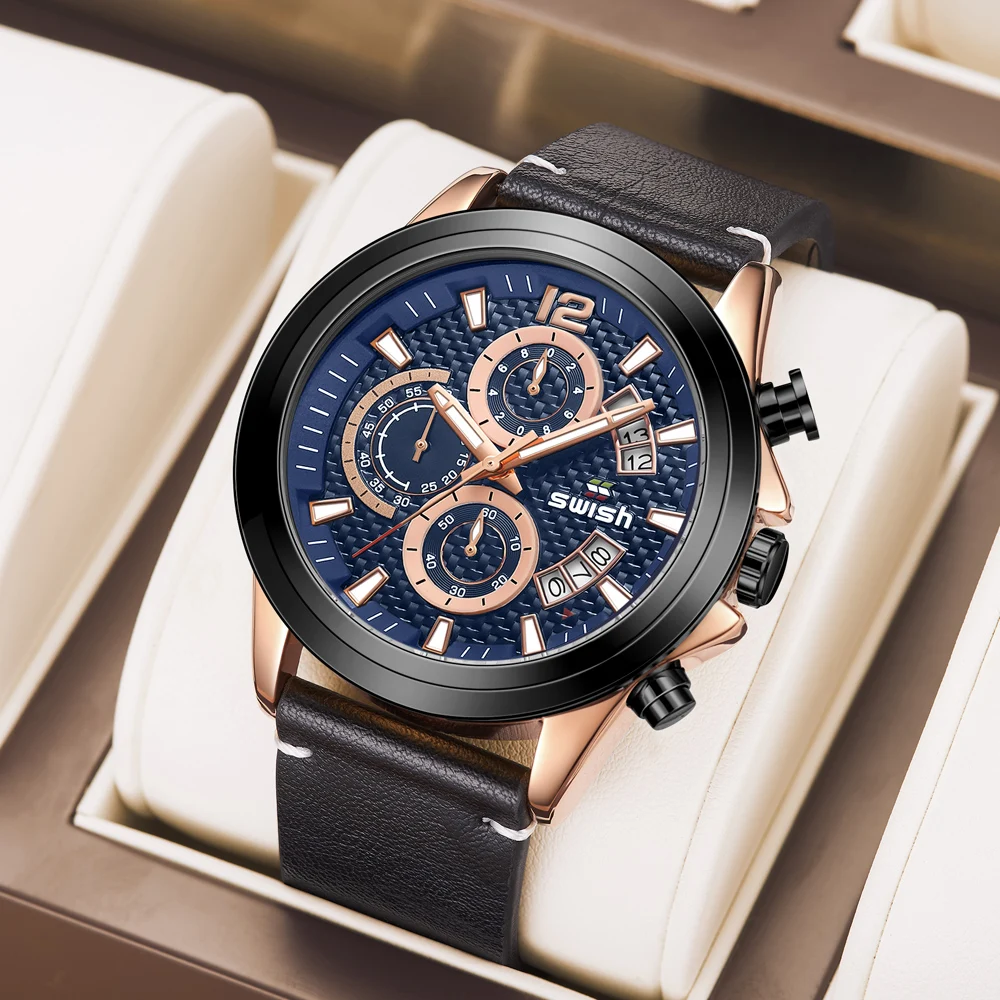 Sport Relogio Masculino Quartz Male Watch Chronograph Wristwatch Weekday Date Gold Big Dial Leather Band Luxury Multifunction