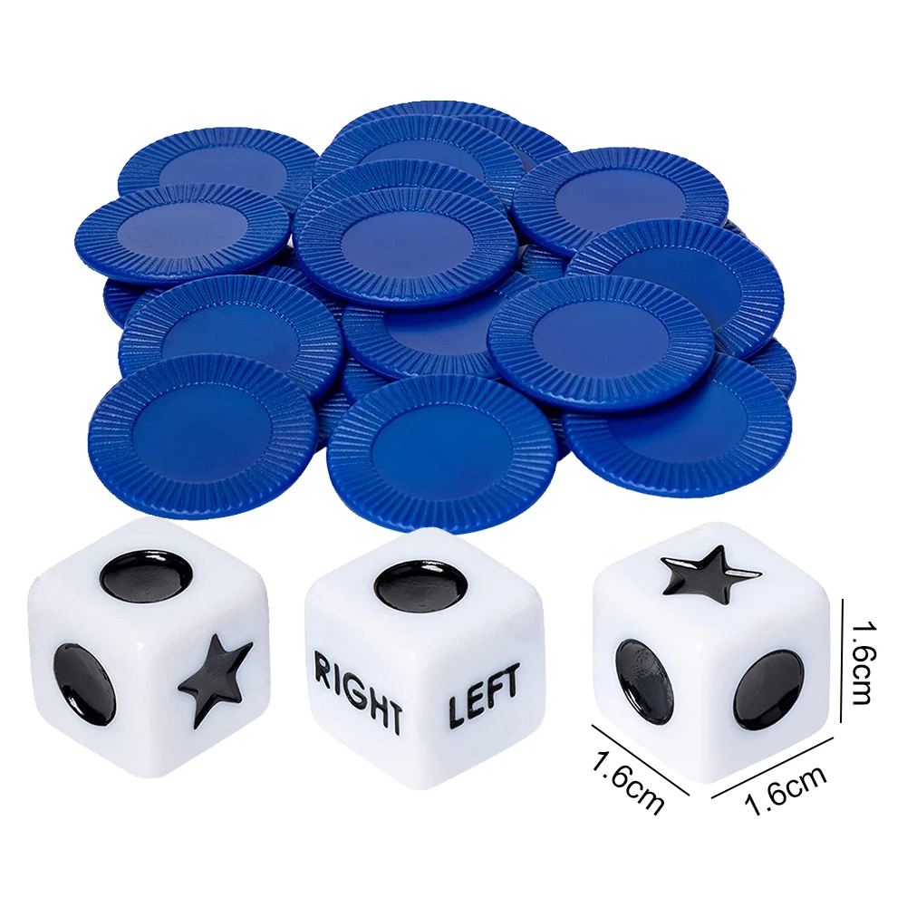 27pcs Left Right Center Dice Game 3 Dices and 24 Chips Fun Interactive Dice Games Portable Novelty Toys for Party Picnic Games