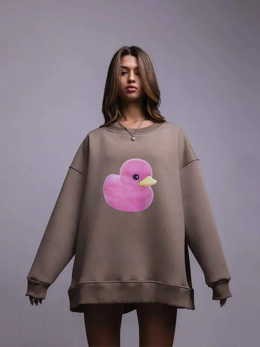 Bornladies  Autumn Winter Warm Yellow Duck Print Sweatshirt Women's Loose Round Neck Oversized Comfortable Trendy Casual Hoodies