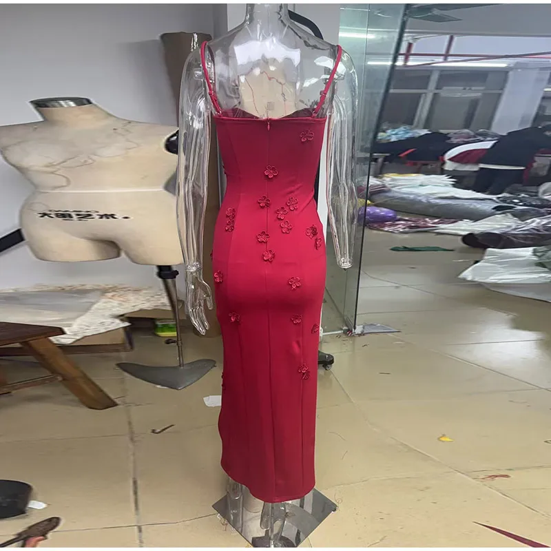Sexy 3D Flowers Sling Tube Dresses Women Vintage Solid Slim Fit Sleeveless Slit Long Dress Female Spring Chic Evening Vestidos