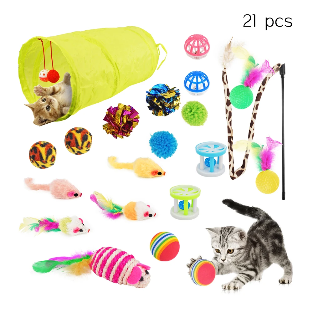 

Durable 21Set Cat Toy bell ball Feather Cat Tunnel Interactive Toy Set Plush Mouse Toys for Cats Pet Cat Accessories