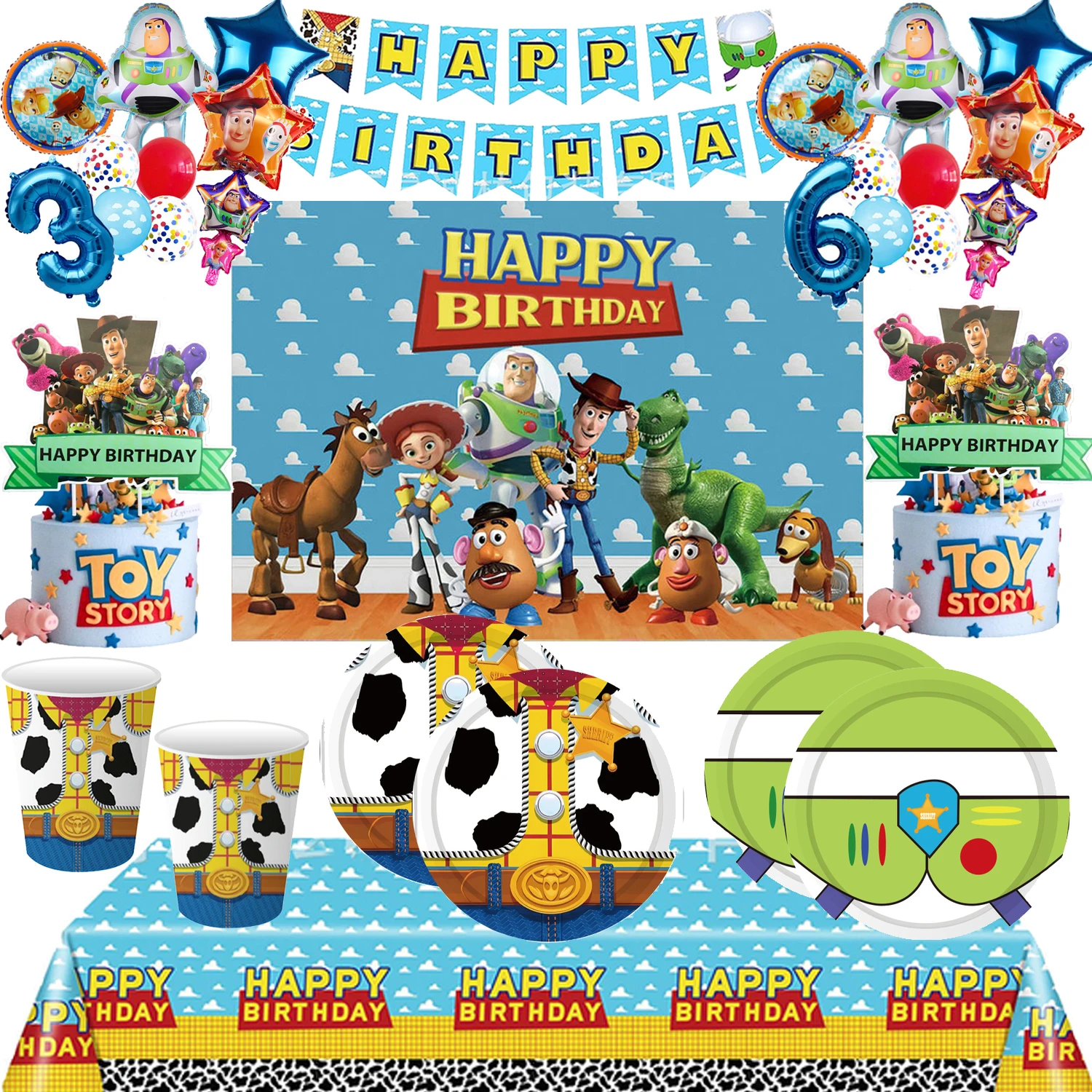 

New Toy Story Birthday Party Supplies Disposable Tableware Paper Cup Plate Balloon For Boy Baby Bath Birthday Party Decoration