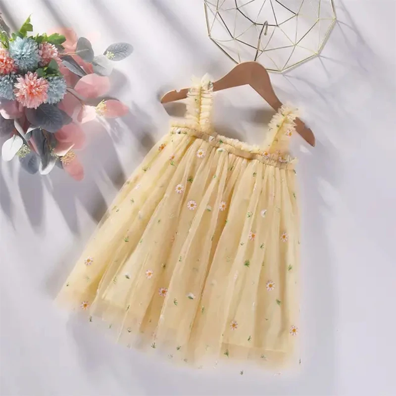 Baby Girls Tutu Dress Kids Summer Mesh Clothes Flower Embroidery Girl Toddler Tulle Dress Party Princess