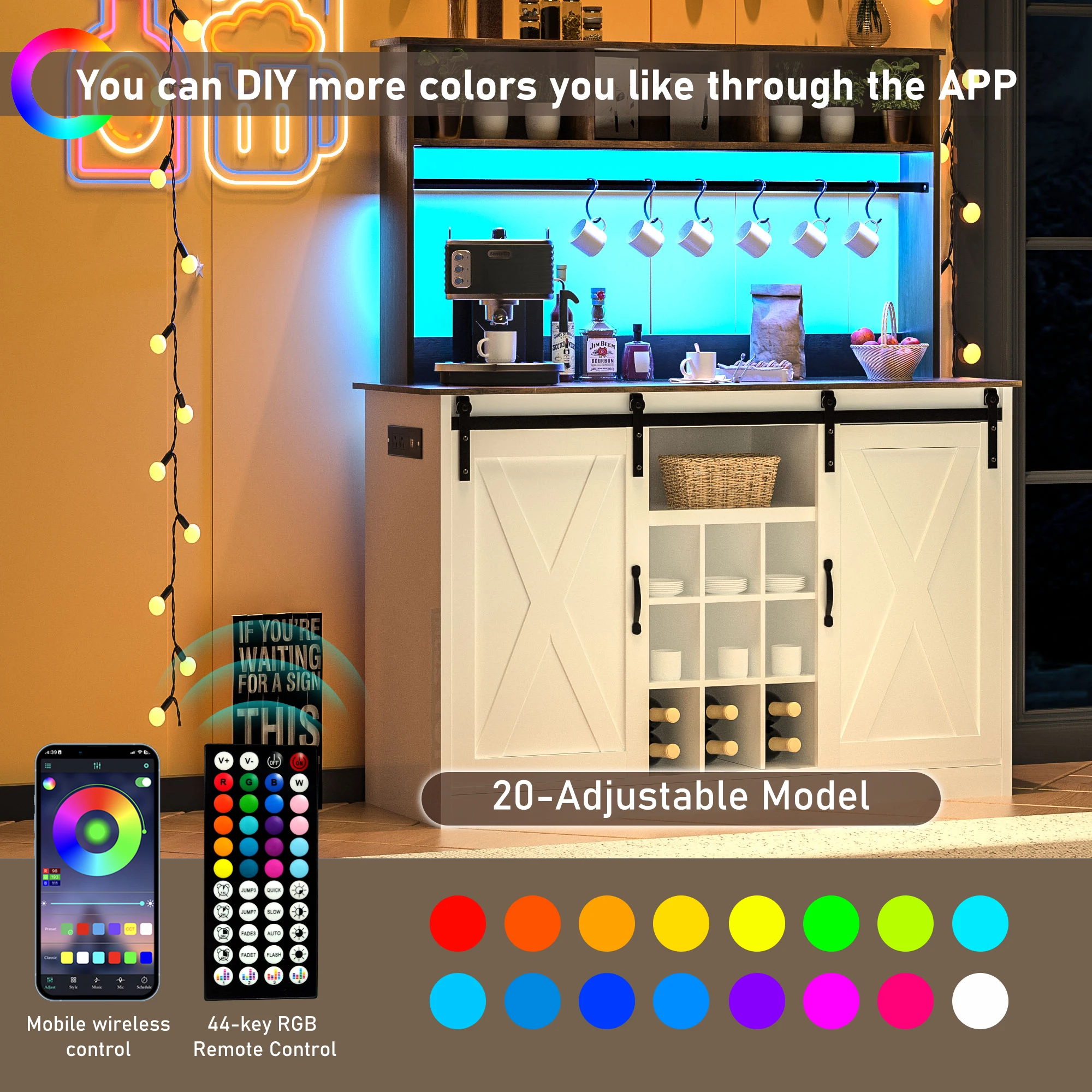 LED Coffee Bar Cabinet w/Sliding Barn Door, 6FT Outlet,Adjustable Shelf, Liquor Cabinet Bar w/9PCS Bottles Storage, 6PCS Hook