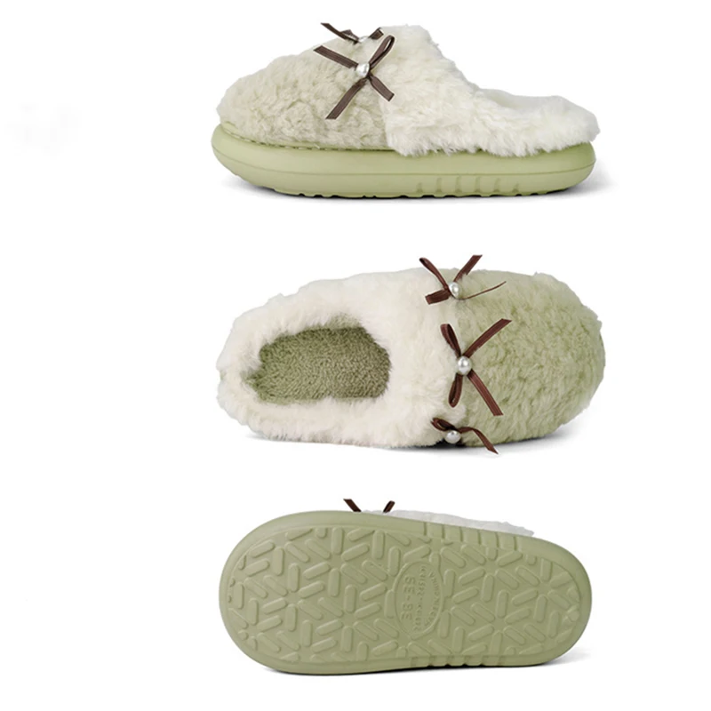 Fashion Pearl Bow Detor Fur Slippers Women Soft Faux Fur Cotton Slippers Woman Winter Thick Bottom Light Cotton Indoor Shoes