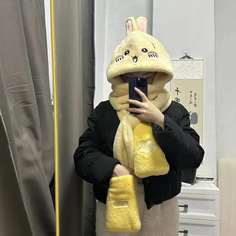 Anime Chiikawas Plush Hat Scarf Gloves Three-In-One Kawaii Hachiware Usage Winter Cold Warmth Thick Cartoon Plush Toys Girl Gift