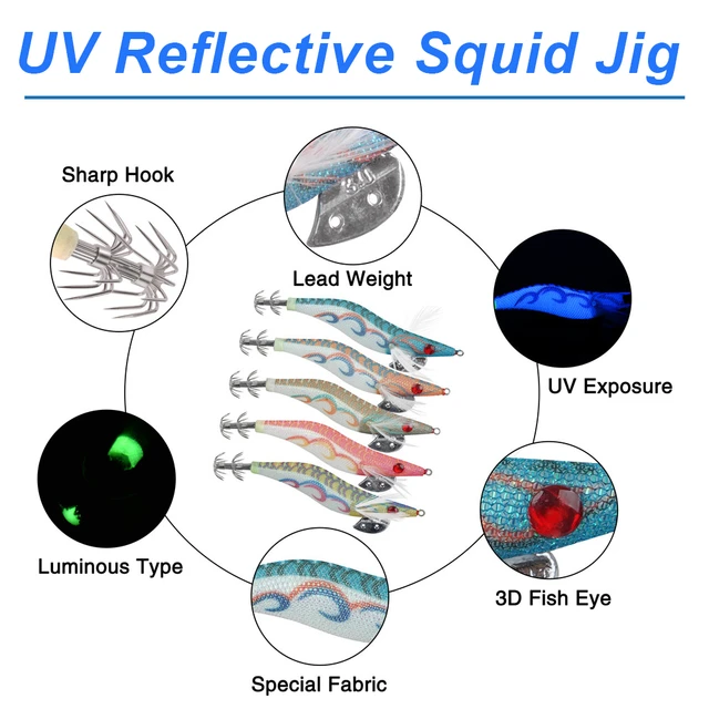 5Pcs Saltwater Luminous Squid jigs kit multicolor Glow Wood Shrimp