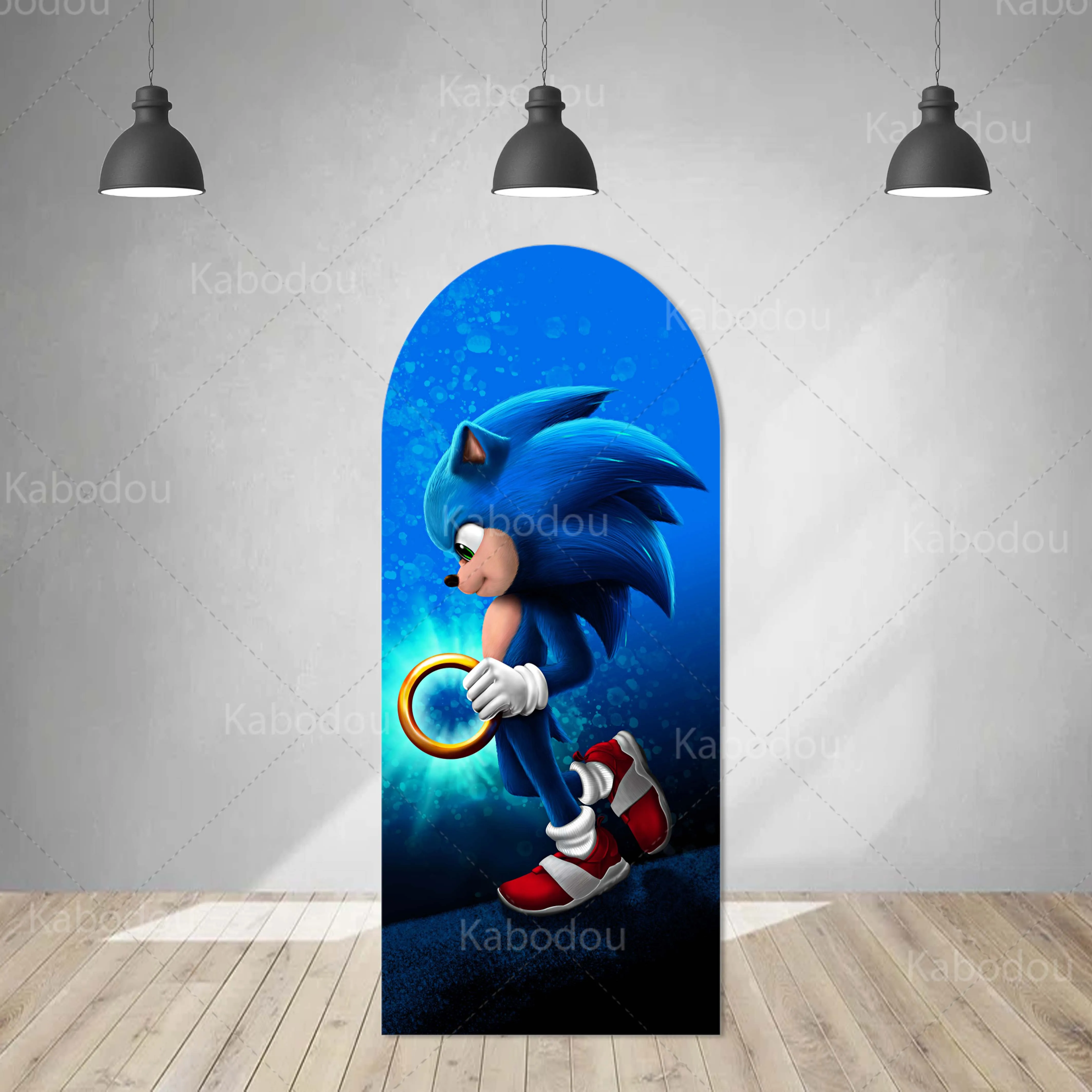 thumbnail image 1 of Fondo de arco de Sonics azul de doble cara para decoración de fiesta de cumpleaños de niños, fondo de fotografía con relámpagos, utilería de estudio de poliéster, 1 of 4