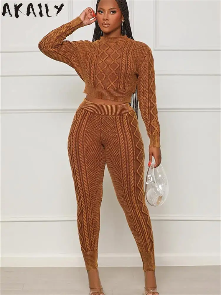 

Вязаный свитер Akaily цвета хаки, спортивные брюки, повседневная одежда для женщин, осень 2023, облегающий комплект из двух предметов с длинным рукавом, Модный комплект из двух предметов