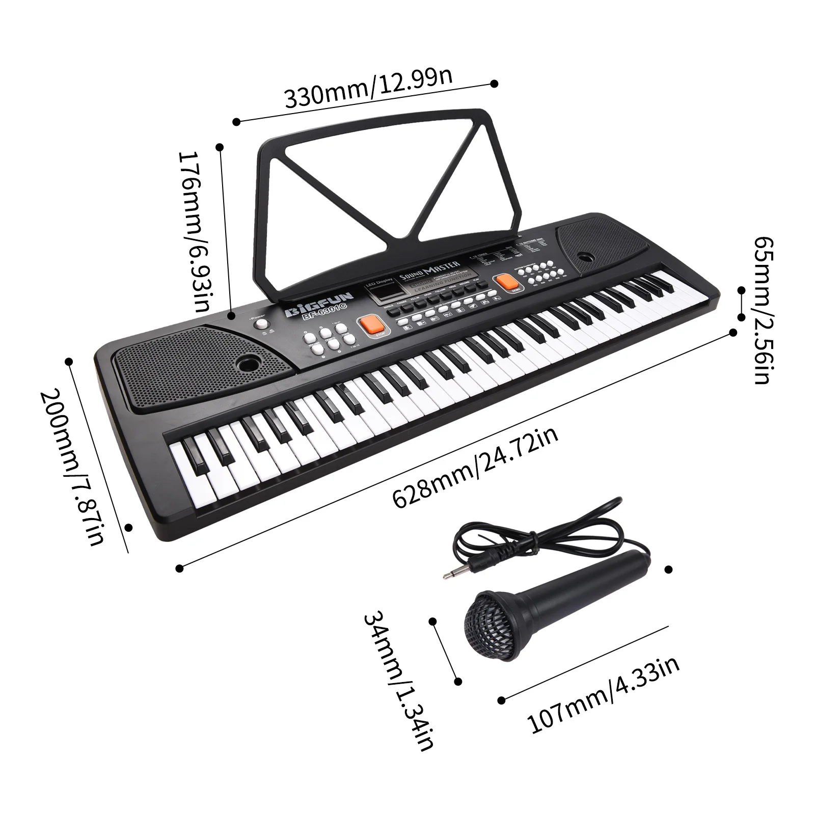 BIGFUN 61 Keys Rechargeable Electronic Organ Kids Electric Piano with Microphone Black Digital Music Electronic Keyboard LED