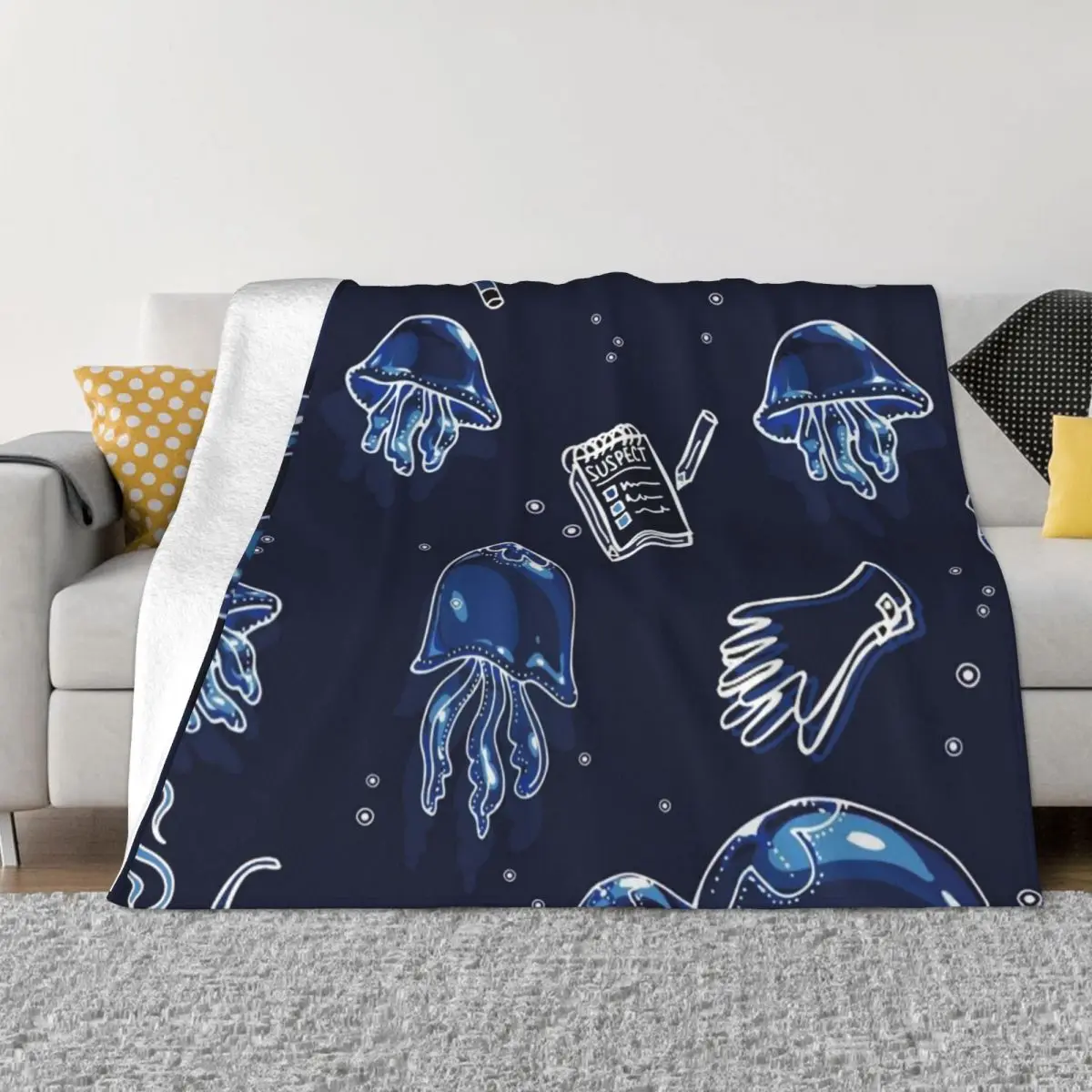 

Pattern Texture Painting Blanket Flannel Decoration Jellyfish Fantasy Blue Portable Home Bedspread