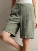 Hot Sale Women Linen Cotton Shorts Summer High Waist Elastic Loose Wide Leg Casual Bermuda Shorts with Pockets