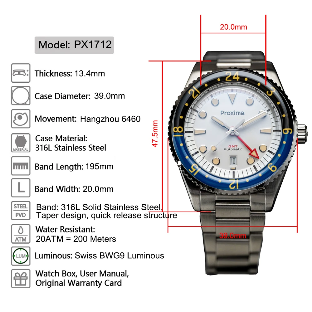 Proxima PX1712 39mm Automatic Mechanical GMT Watch Hangzhou 6460 Stainless Steel Sport Watch Sapphire Luminous 200m Waterproof