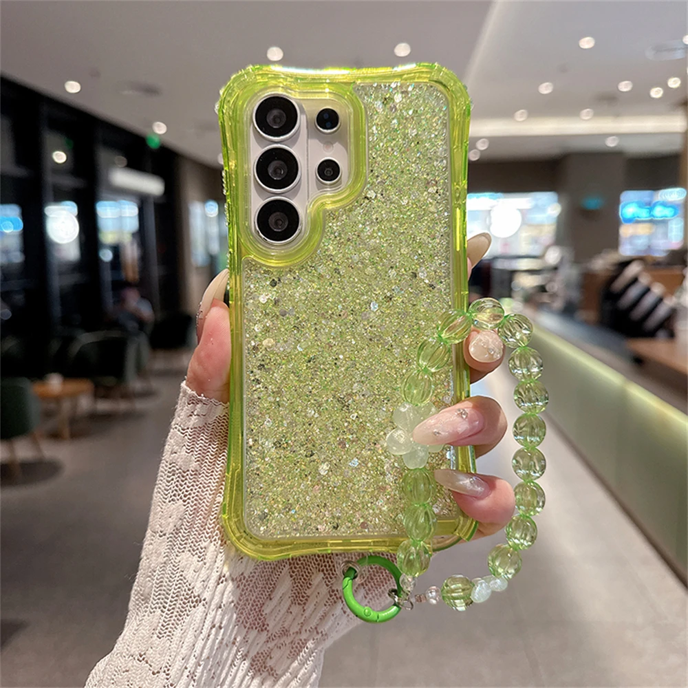 Luxury 3-in-1 Bling Glitter Shockproof Phone Case with Lens Protection and Lanyard