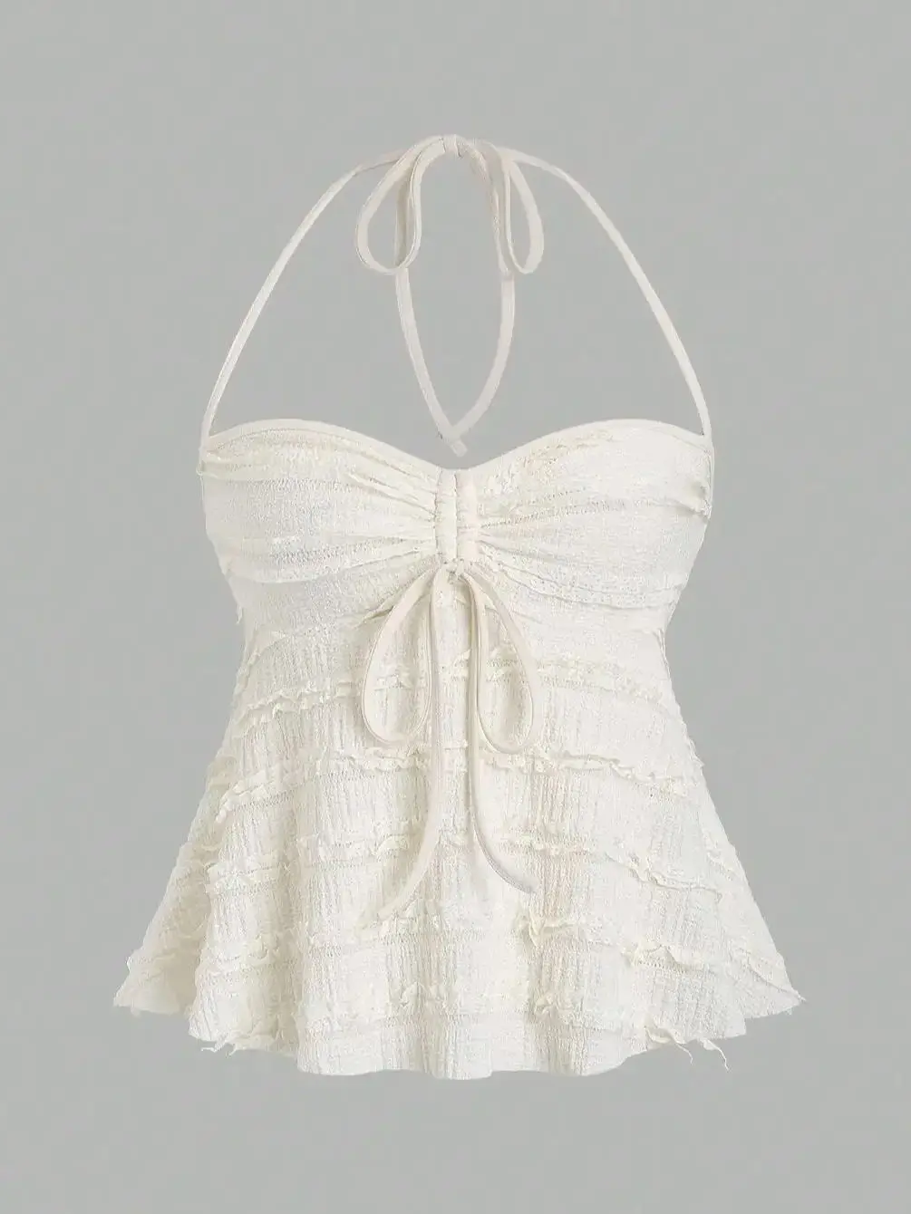 Moda de verano para mujer, informal, color albaricoque, cuello con cordón, tejido de encaje, con textura, cuello halter corto, chaleco con cordones