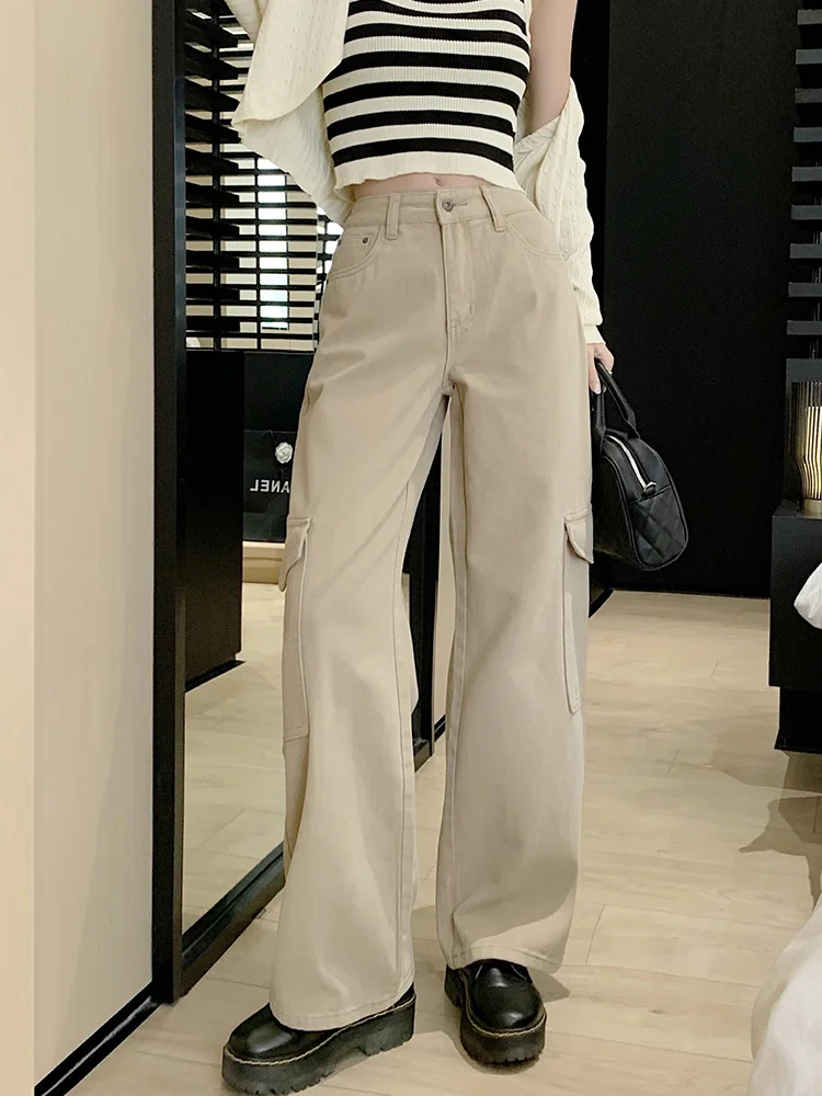 

Slergiri New Apricot Cargo Pants Women American Streetwear Multi-pocket Washed High Waist Straight Leg Denim Trousers 2024 New