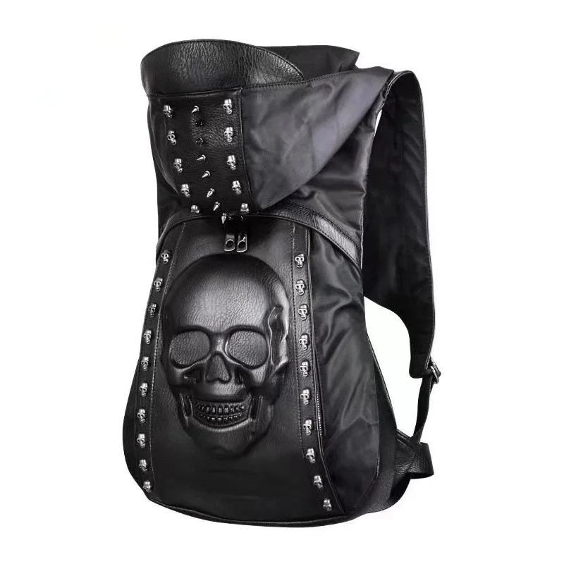 Personality 3D Skull Leather Backpack Rivets Skull Backpack with Hood Cap Apparel Bag Cross Bags 4