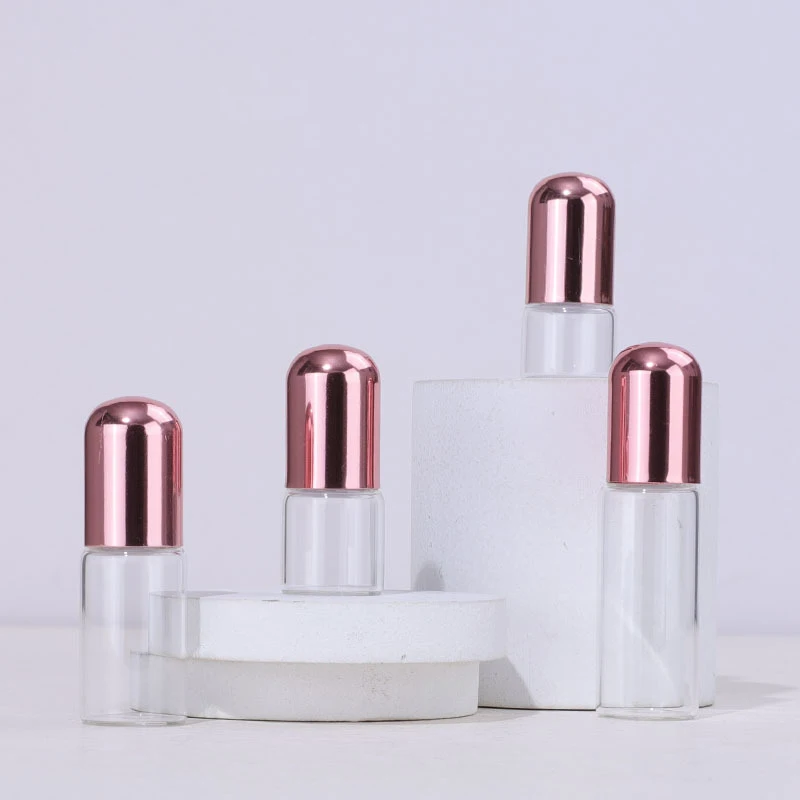 로즈 골드 투명 향수 테스터 롤 온 병, 유리 유리병, 로즈 골드 뚜껑, 롤러병, 1ml, 2ml, 3ml, 5ml