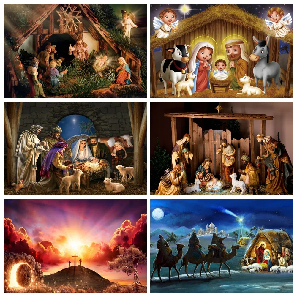 Christmas Nativity Scene Backdrop  Jesus Birth Holy Cross Bible Theme  Perfect for Photography Photo Studio Wall Decor