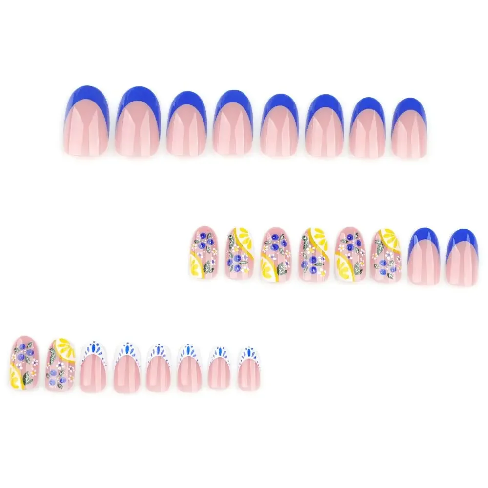 Manicure Oval False Nails French Fruit Lemon Press on Nails Blue Detachable Nail Tips Women