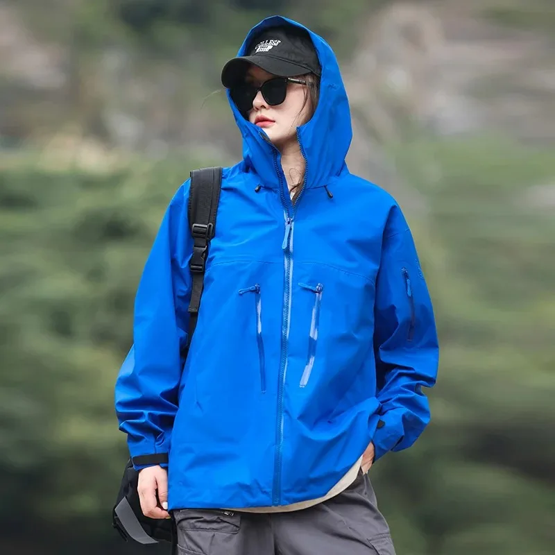 Full pressure adhesive technology men's outdoor mountaineering windproof and waterproof thin hooded assault jacket