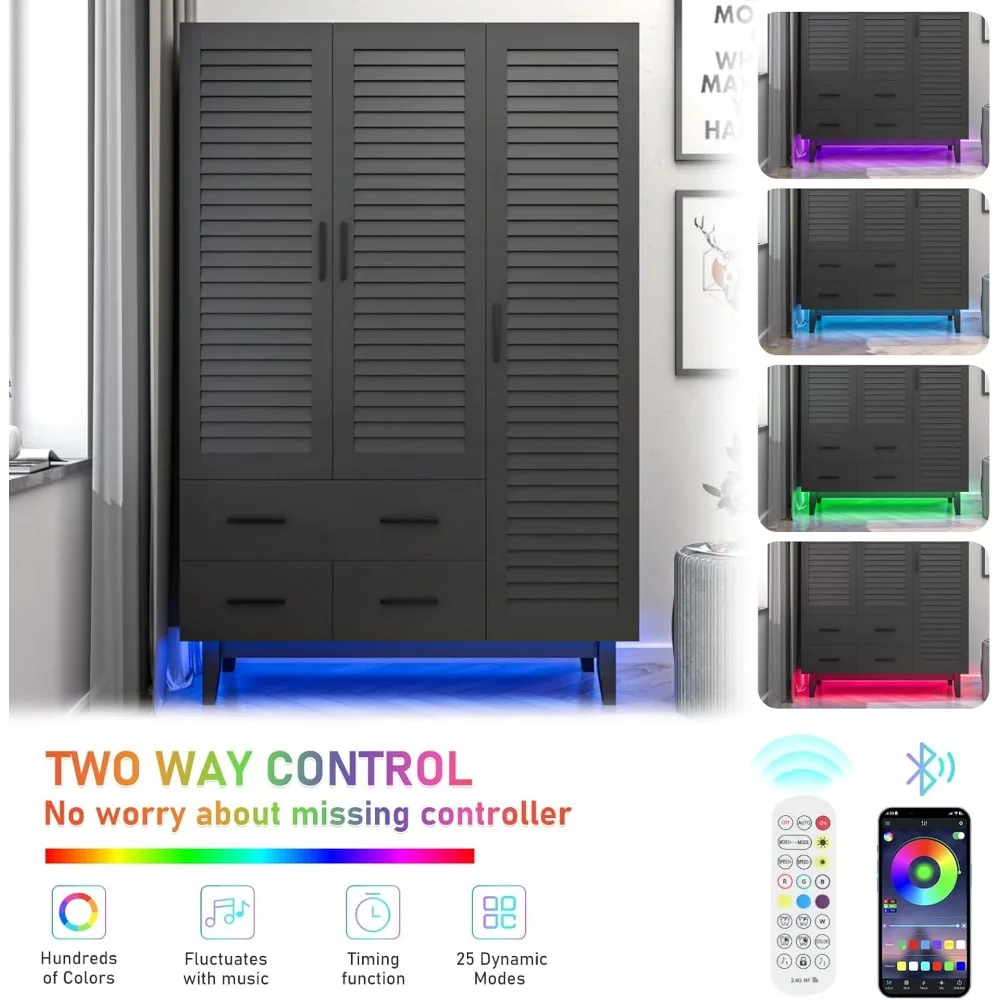 3 Door Armoire Wardrobe Closet Cabinet with Drawers and LED Lights, Multi-Tier Shelves, Hanging Rod & 3 Louver Doors 4